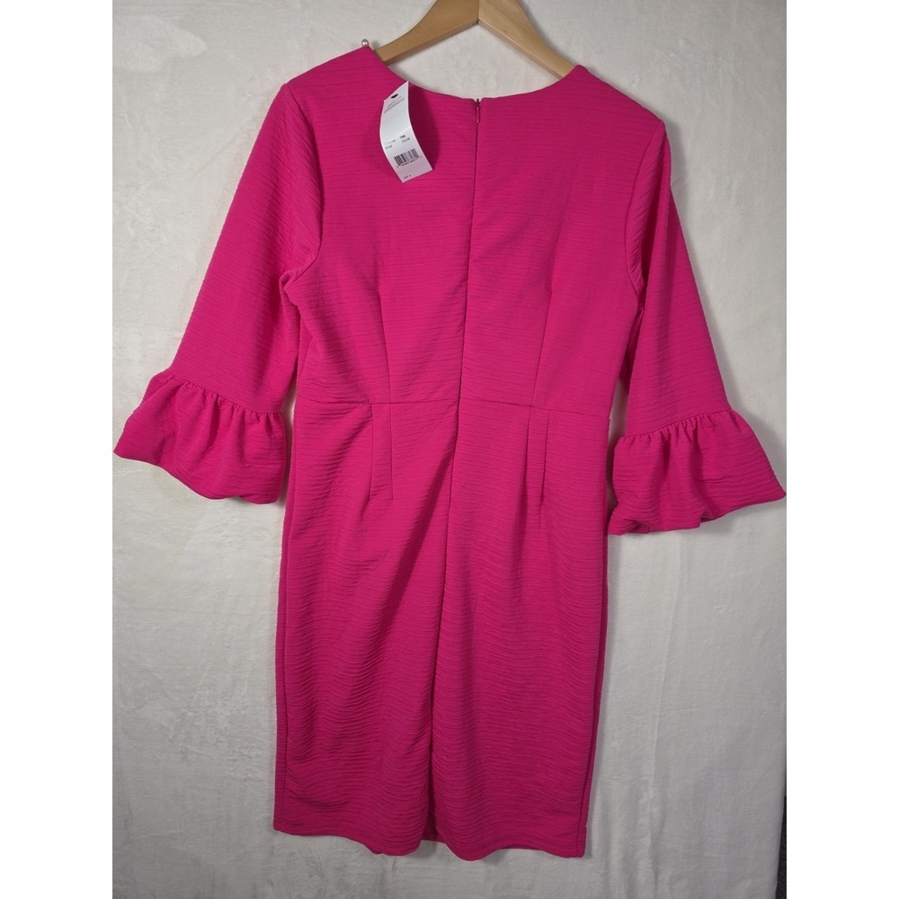 NWT NY Collection Pink Pearl Neck Shift Dress Large L Hot Pink Bell Sleeve - Picture 6 of 11